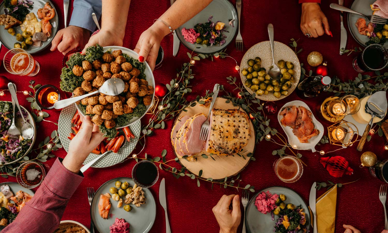 Christmas food oni a table with red table cloth