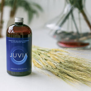 Bottle of JUVIA with a bunch of barley